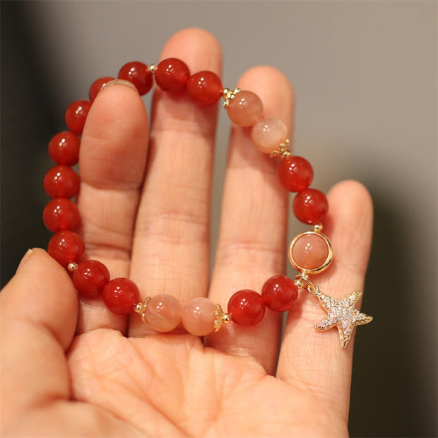 Buddha Stones Sun Stone Peach Moonstone Red Agate Crystal Star Wealth Bracelet Bracelet BS 8