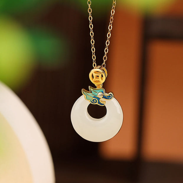 Buddha Stones 925 Sterling Silver Plated Gold Year of the Dragon Hetian Jade Peace Buckle Copper Coin Abundance Necklace Pendant