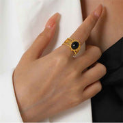Buddha Stones 18K Gold Plated Black Obsidian Titanium Steel Strength Ring Ring BS 1