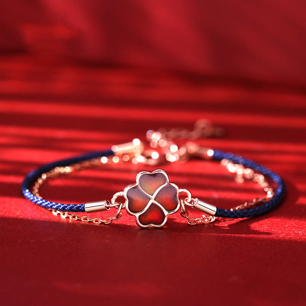 Buddha Stones 925 Sterling Silver Color-changing Four Leaf Clover Luck Protection Red String Bracelet