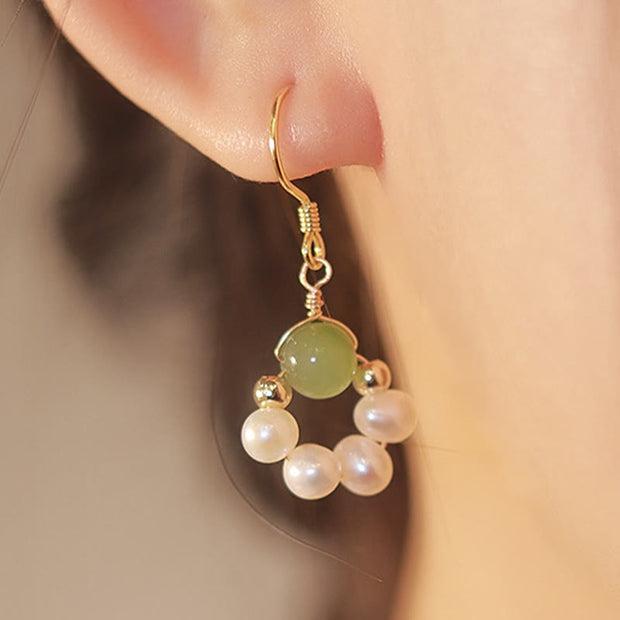 Buddha Stones Cyan Jade Pearl Bead Luck Drop Earrings Earrings BS 8