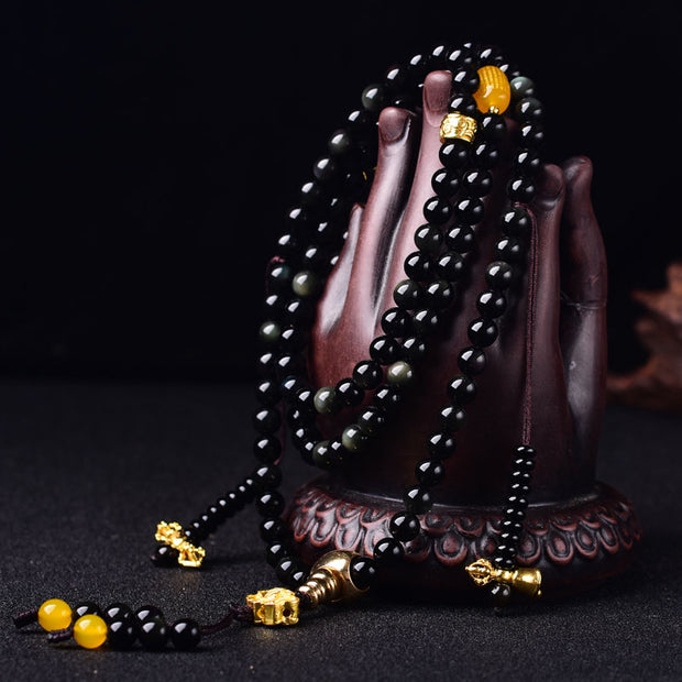 Buddha Stones 108 Beads Natural Black Obsidian Lotus Fulfilment Mala Bracelet Bracelet Mala BS 1