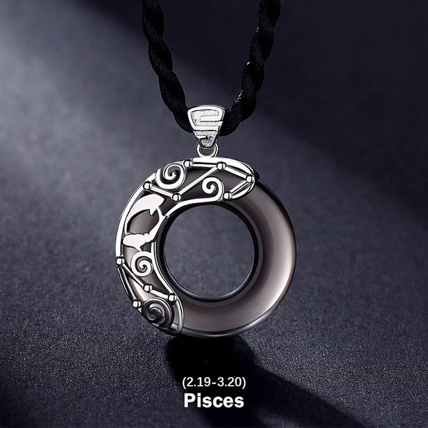 Buddha Stones 12 Constellations of the Zodiac Black Obsidian Blessing Round Pendant Necklace Necklaces & Pendants BS Pisces