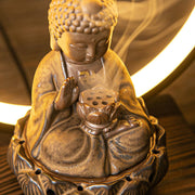 Buddha Stones Buddha Lotus Backflow Smoke Fountain Ceramic Blessing Incense Burner With Light Decoration Incense Burner BS 11