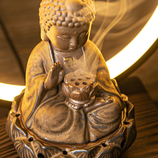 Buddha Stones Buddha Lotus Backflow Smoke Fountain Ceramic Blessing Incense Burner With Light Decoration