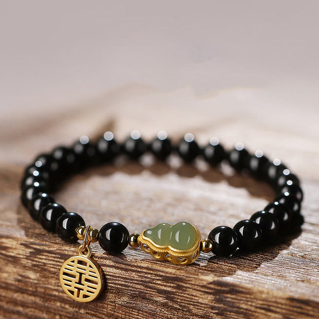 Buddha Stones Natural Black Obsidian Hetian Jade Gourd Double Happiness Strength Bracelet Bracelet BS 10mm