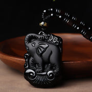Buddha Stones Black Obsidian Elephant Protection String Necklace Pendant Key Chain Necklaces & Pendants BS Black Obsidian Bead Necklace