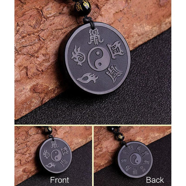 Buddha Stones Natural Black Obsidian Taoism Five Sacred Mountains Nine-Character Mantra Carved Strength Yin Yang Necklace Pendant Key Chain Necklaces & Pendants BS 6