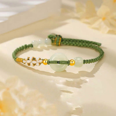 Buddha Stones Hetian Jade Peace Buckle Luck Peach Blossom Braided Bracelet Bracelet BS Hetian Jade(Prosperity♥Abundance)(Wrist Circumference 14-19cm)