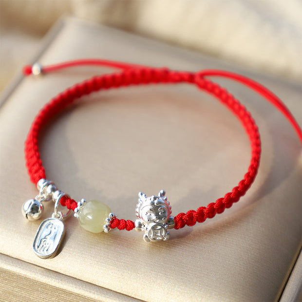 Buddha Stones Handmade Year Of The Dragon 999 Sterling Silver Hetian Jade Copper Coin Peace And Joy Protection Bracelet Bracelet BS Red Rope(Wrist Circumference 14-18cm)
