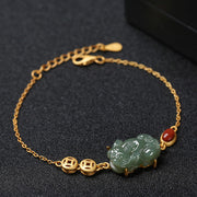 Buddha Stones Cyan Jade PiXiu Copper Coin Red Agate Success Chain Bracelet Bracelet BS 3