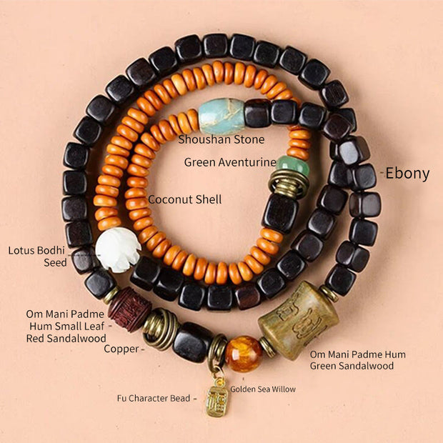 Buddha Stones Green Sandalwood Ebony Om Mani Padme Hum Engraved Peace Triple Wrap Bracelet Bracelet BS 15