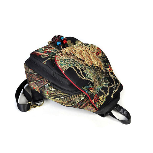 Buddha Stones Peacock Embroidery Canvas Tassel Backpack Backpack BS 13
