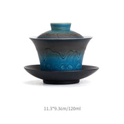 Buddha Stones Retro Blue Ocean Sea Waves Gradient Ceramic Gaiwan Sancai Teacup Kung Fu Tea Cup And Saucer With Lid