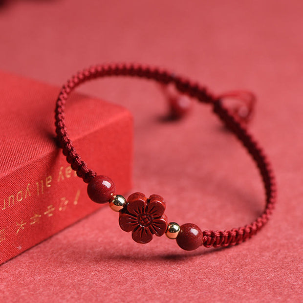 Buddha Stones Four Leaf Clover Five-petal Flower Cinnabar Blessing Red String Bracelet Bracelet BS 12