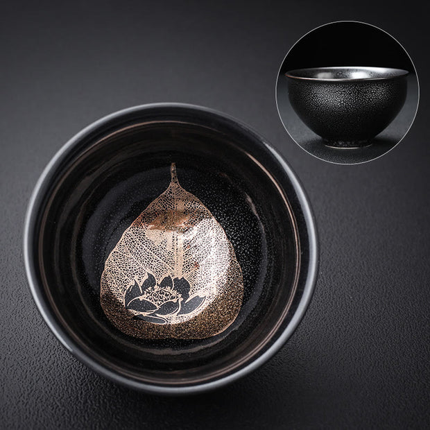 Buddha Stones Gold Leaf Chinese Jianzhan Dragon Phoenix Lotus Avalokitesvara Koi Fish Ceramic Teacup Tenmoku Kung Fu Tea Cup Bowl Jian Zhan Tea Cup BS 8.4cm*5cm*120ml Lotus