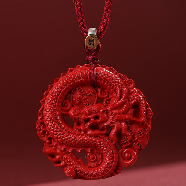 Buddha Stones Year of the Dragon 925 Sterling Silver Natural Cinnabar Copper Coin Luck Necklace Pendant Necklaces & Pendants BS Red Rope Large 49mm