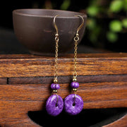 Buddha Stones Natural Amethyst Peace Buckle 14K Gold Healing Drop Earrings