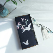 Buddha Stones Flower Plum Peach Blossom Bamboo Double-sided Embroidery Large Capacity Cash Holder Wallet Shopping Purse Bag BS Navy Blue Cherry Crane