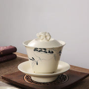 Buddha Stones Hand Painted Pomegranate Hibiscus Pine Lotus Ceramic Gaiwan Sancai Teacup Kung Fu Tea Cup And Saucer With Lid
