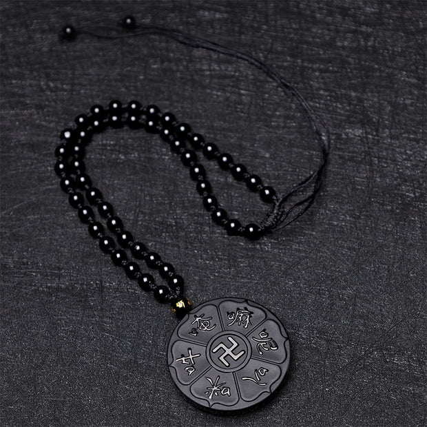 Buddha Stones Natural Black Obsidian Tibetan Om Mani Padme Hum Buddha Swastika Luck Necklace Pendant