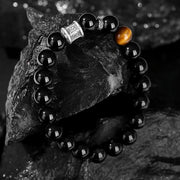 Buddha Stones 999 Sterling Silver Black Obsidian Tiger Eye Om Mani Padme Hum Fulfillment Bracelet Bracelet BS 3