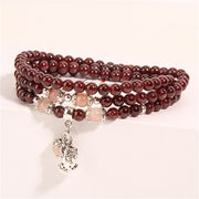 Buddha Stones Natural Garnet Strawberry Quartz Green Beans PiXiu Protection Triple Wrap Bracelet