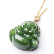 Buddha Stones 925 Sterling Silver Laughing Buddha Hetian Cyan Jade 18K Gold Success Necklace Chain Pendant Necklaces & Pendants BS 8
