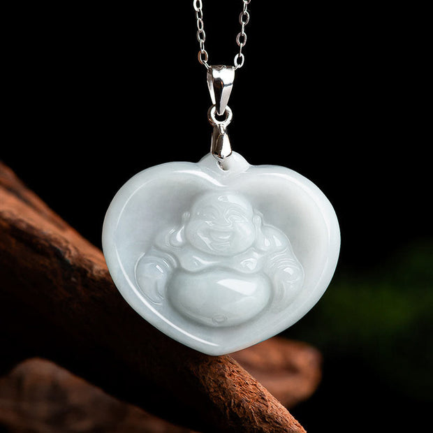 Buddha Stones 925 Sterling Silver Laughing Buddha White Jade Luck Blessing Necklace Pendant Necklaces & Pendants BS White Jade(Protection♥Happiness)