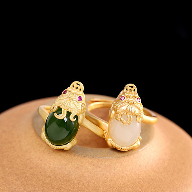 Buddha Stones 18k Gold-plated Pixiu Jade Wealth Ring Rings BS 5