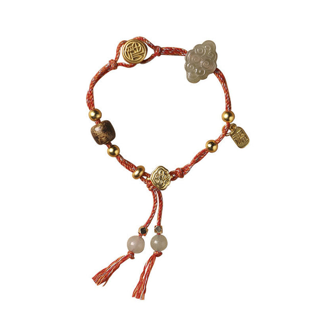 Buddha Stones Handmade Auspicious Clouds Hetian Jade Fu Character Luck Fortune Rope Bracelet