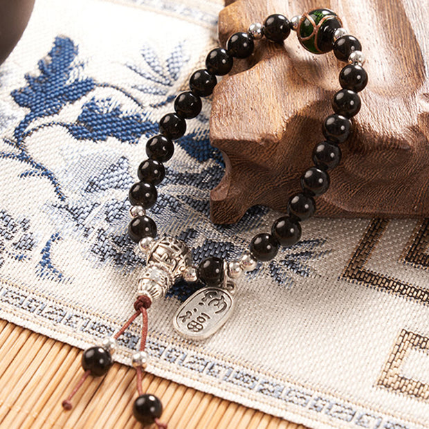 Buddha Stones Black Obsidian Fu Character Lucky Fortune Liuli Glass Bead Strength Bracelet