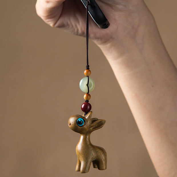 Buddha Stones Green Sandalwood Ebony Wood Mini Deer Positive Peace Buckle Key Chain Phone Hanging Decoration