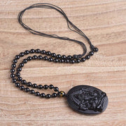Buddha Stones Tibetan Obsidian Ganesh Ganpati Elephant Wealth Amulet Necklace Necklace BS 9