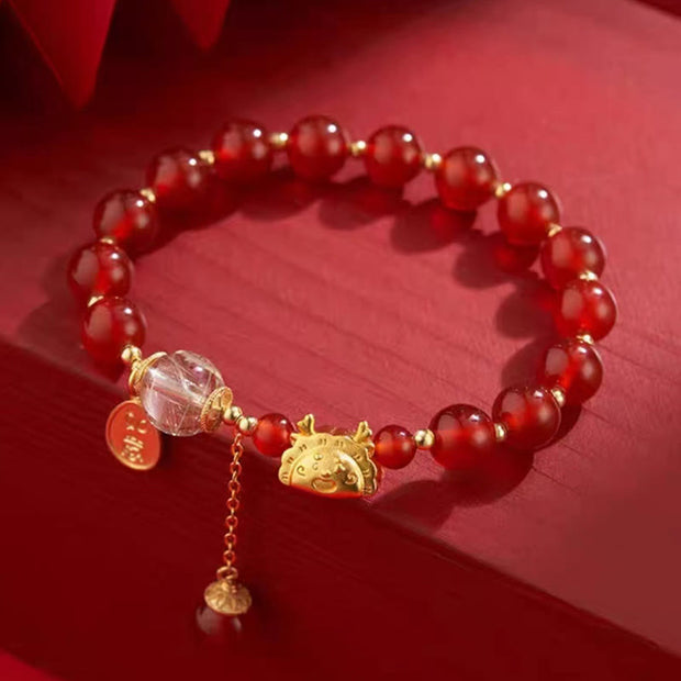 Buddha Stones Year of the Dragon Dumpling Natural Red Agate Garnet Hetian Jade Fu Character Luck Success Bracelet Bracelet BS 4
