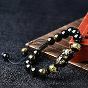 Buddha Stones Natural Gold Sheen Obsidian PiXiu Om Mani Padme Hum Wealth Braided Bracelet