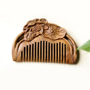 Buddha Stones Natural Green Sandalwood Lotus Flower Leaf Engraved Soothing Comb Comb BS Green Sandalwood Comb(Simple Style)