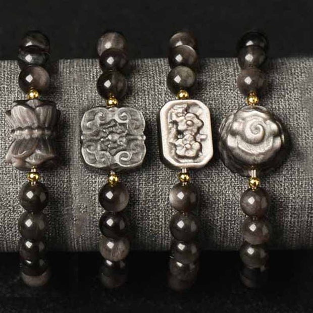 Buddha Stones Silver Sheen Obsidian Lotus Flower Nine Tailed Fox Laughing Buddha Protection Bracelet Bracelet BS 17