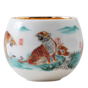 Buddha Stones Tiger Lotus Flower Leaf Koi Fish Gilt Ceramic Teacup Kung Fu Tea Cup 175ml Cup BS 9