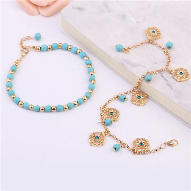 Buddha Stones 2Pcs Turquoise Stone Flower Protection Bracelet Anklet Bracelet BS 1