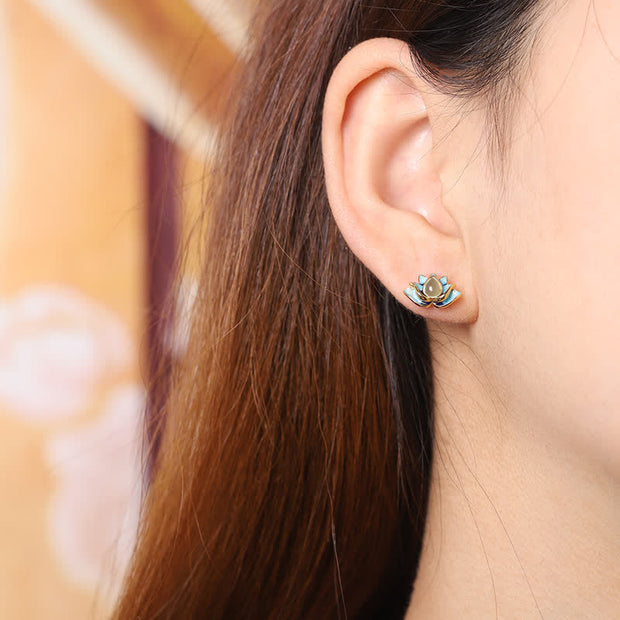 Buddha Stones 925 Sterling Silver Hetian Cyan Jade Lotus Flower Success Earrings Earrings BS 1