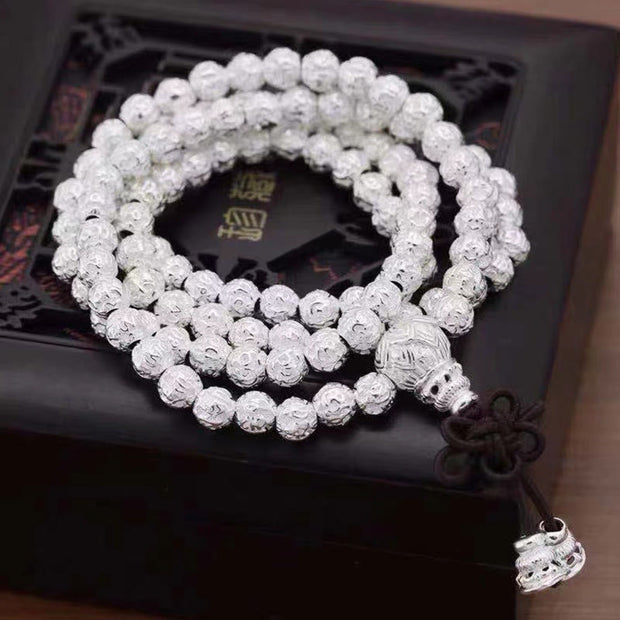 Buddha Stones Tibetan Om Mani Padme Hum Carved Alloy Beads Amulet Bracelet Bracelet BS Silver 8mm*108 Beads