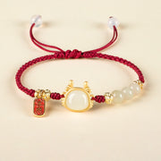 Buddha Stones Year of the Dragon Hetian White Jade Fu Character Peace And Joy Protection Bracelet Bracelet BS Dark Red Rope(Wrist Circumference 14-19cm)