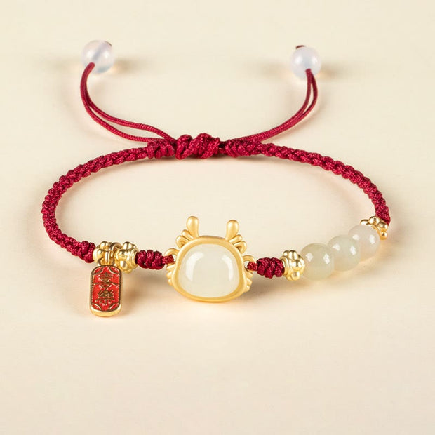 Buddha Stones Year of the Dragon Hetian White Jade Fu Character Peace And Joy Protection Bracelet Bracelet BS Dark Red Rope(Wrist Circumference 14-19cm)