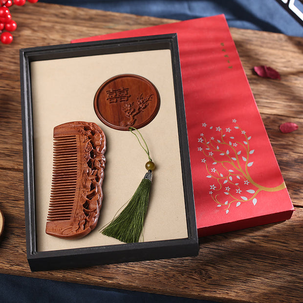 Buddha Stones Natural Green Sandalwood Rosewood Lotus Flower Peacock Butterfly Engraved Soothing Comb Comb BS Rosewood Lotus+Double Happiness Round Mirror