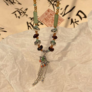 Buddha Stones Tibetan Crystal Stone Copper Luck Tassel Necklace Pendant