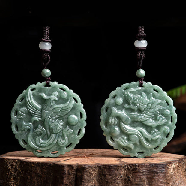 Buddha Stones Chinese Zodiac Dragon Phoenix Round Jade Luck Necklace String Pendant Necklaces & Pendants BS Dragon&Phoenix