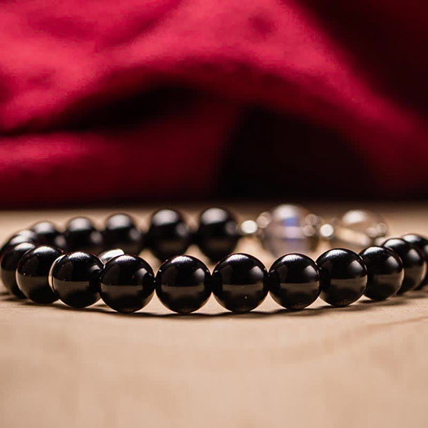 Buddha Stones 925 Sterling Silver Obsidian Moonstone Strength Couple Bracelet Bracelet BS 12