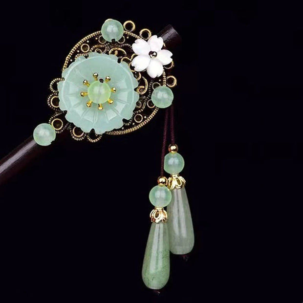 Buddha Stones Green Aventurine Flower Charm Luck Hairpin Decoration