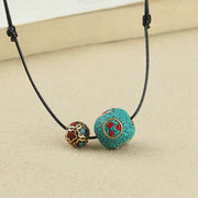 Buddha Stones Tibetan Turquoise Double Bead Protection Strength Necklace Pendant